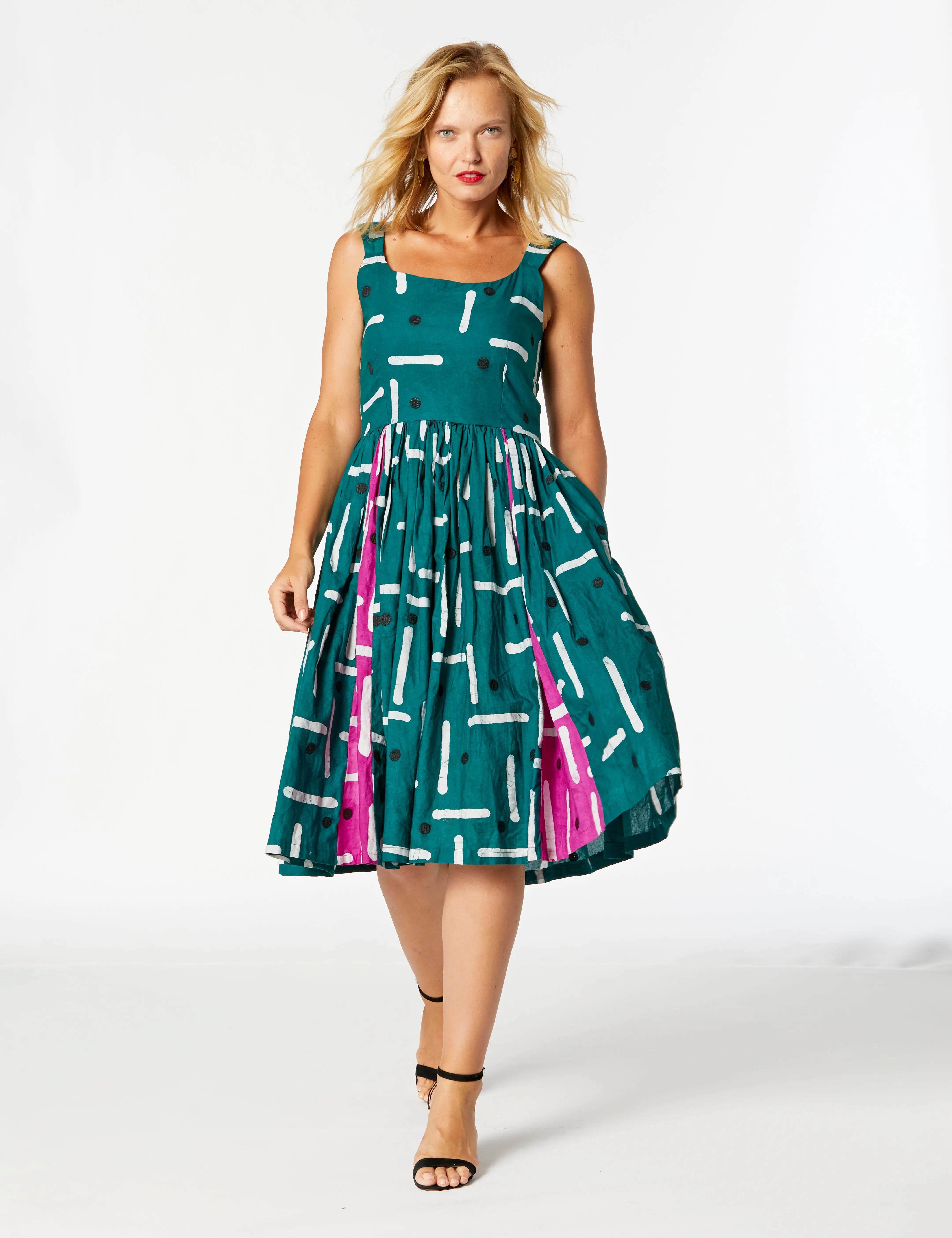 Soji - African Print Midi Dress | Emerald Green & Pink Tassel l / Adults Soji - African Print Midi Dress | Emerald Green & Pink Tassel l / Adults
