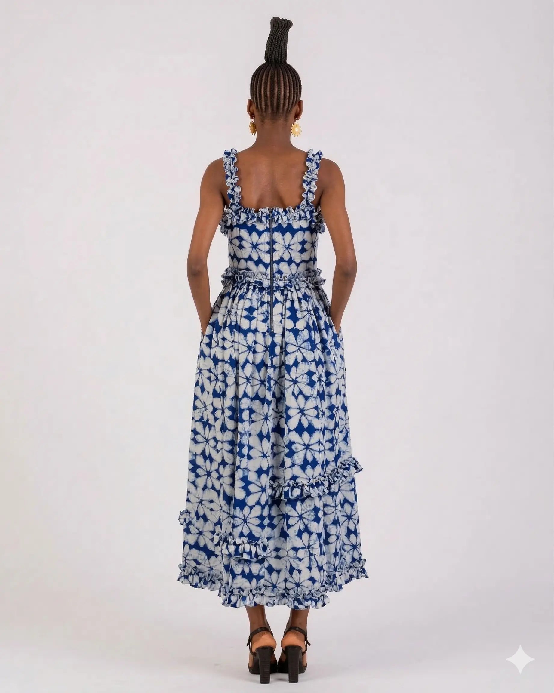 aje blue dress Adelia Ruffle Midi Dress-LIGHT SKY / 4 Fit and flare silhouette Back zip fastening 100% polyester Dry clean Aje Dress (Blue) - M